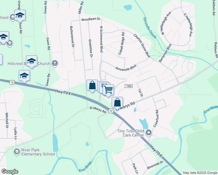 map of restaurants, bars, coffee shops, grocery stores, and more near 2802 Bartlett Circle in Hillsborough