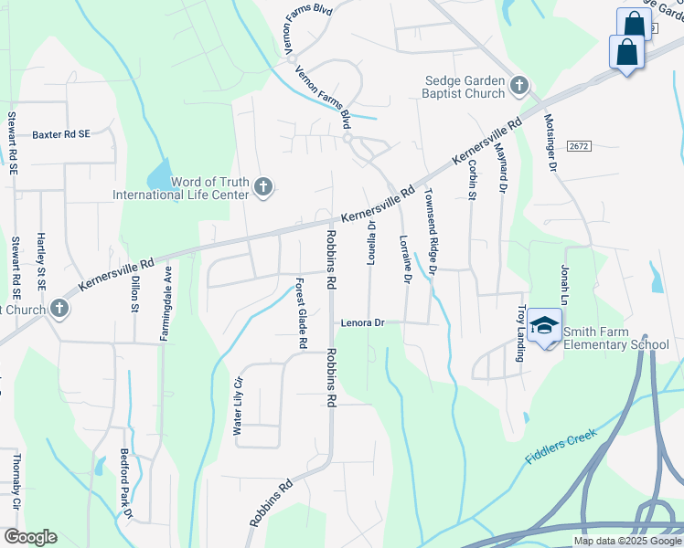 map of restaurants, bars, coffee shops, grocery stores, and more near 129 Robbins Road in Winston-Salem