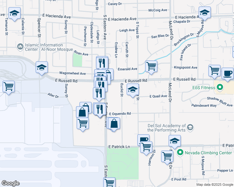 map of restaurants, bars, coffee shops, grocery stores, and more near 5850 Euclid Street in Las Vegas