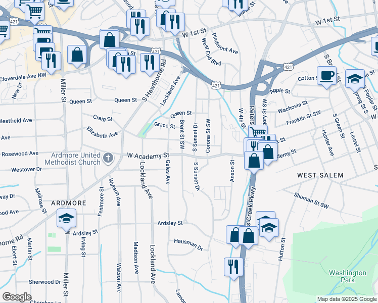 map of restaurants, bars, coffee shops, grocery stores, and more near 1611 West Academy Street in Winston-Salem