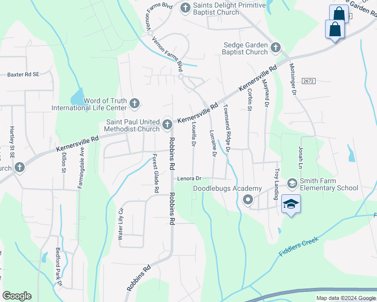 map of restaurants, bars, coffee shops, grocery stores, and more near 208 Louella Drive in Winston-Salem