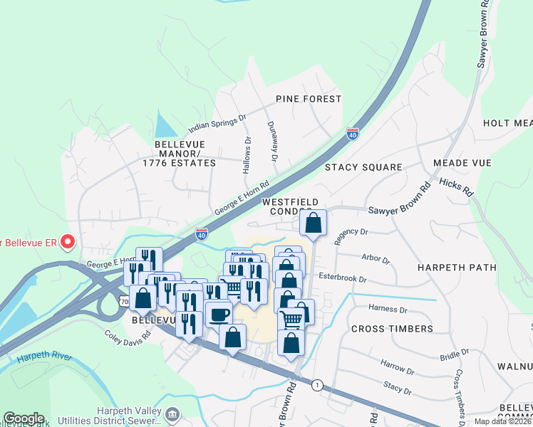 map of restaurants, bars, coffee shops, grocery stores, and more near 333 Westfield Drive in Nashville