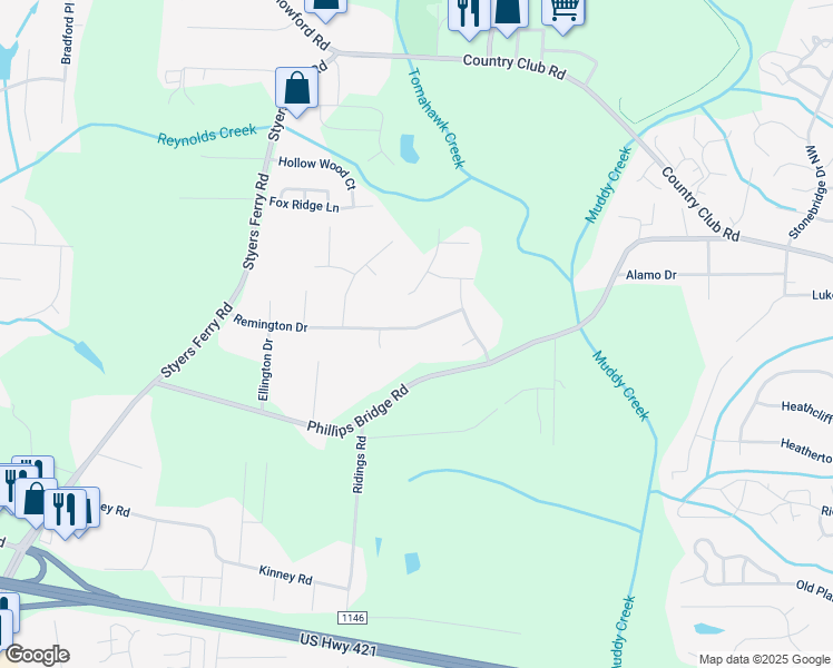map of restaurants, bars, coffee shops, grocery stores, and more near 5736 Remington Drive in Winston-Salem
