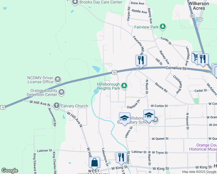 map of restaurants, bars, coffee shops, grocery stores, and more near 522 Forrest Street in Hillsborough