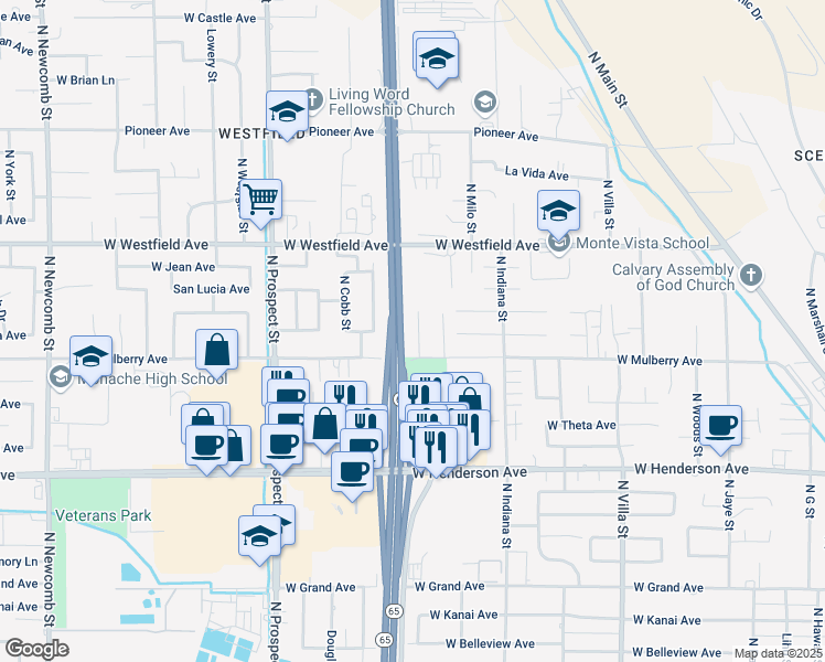 map of restaurants, bars, coffee shops, grocery stores, and more near 1050 Stonegate Cove Drive in Porterville