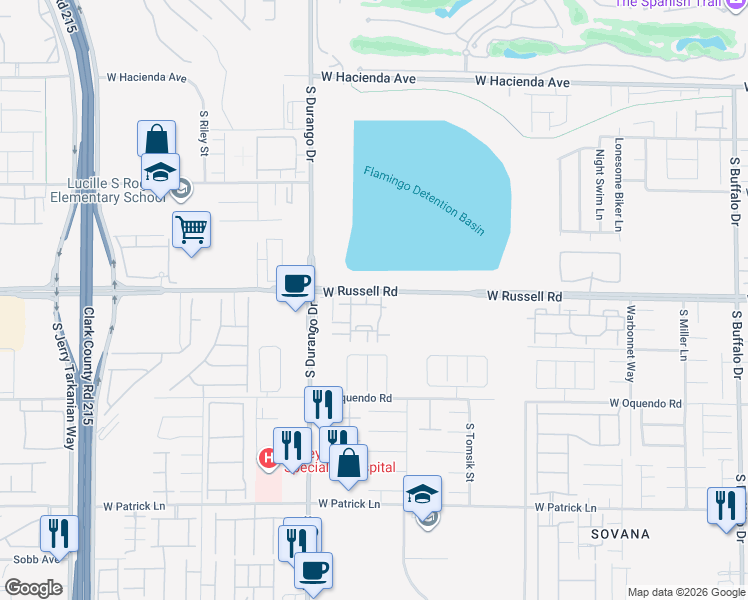 map of restaurants, bars, coffee shops, grocery stores, and more near 18 West Russell Road in Las Vegas