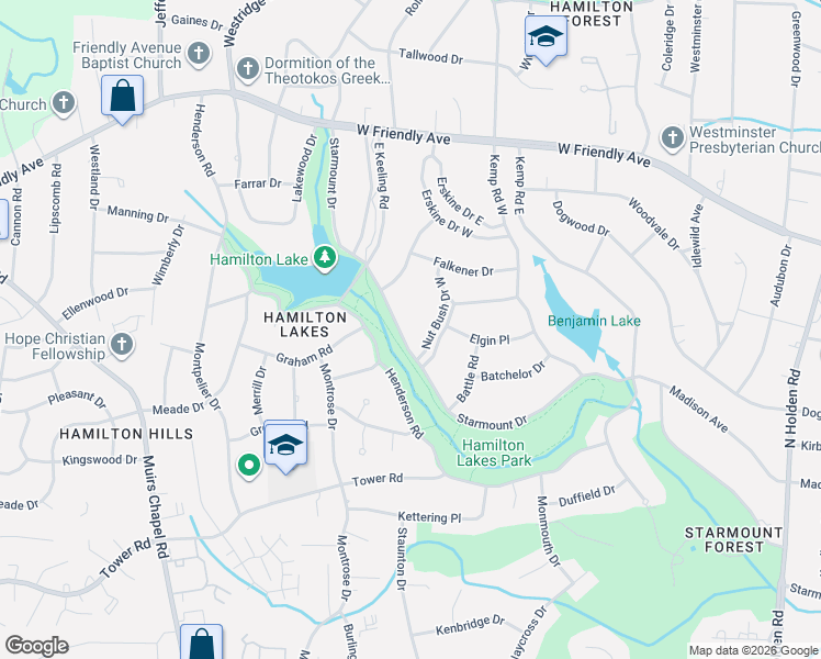 map of restaurants, bars, coffee shops, grocery stores, and more near 1 Starmount Drive in Greensboro