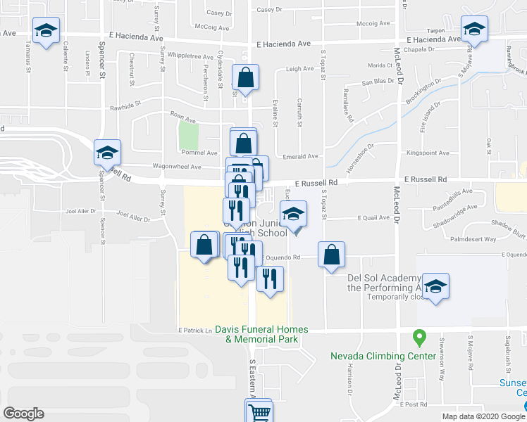 map of restaurants, bars, coffee shops, grocery stores, and more near 5740 South Eastern Avenue in Las Vegas