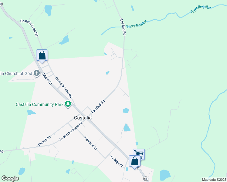 map of restaurants, bars, coffee shops, grocery stores, and more near Red Bud Road in Castalia