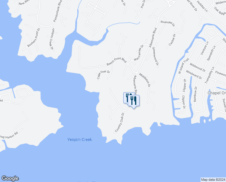 map of restaurants, bars, coffee shops, grocery stores, and more near 414 Albemarle Boulevard in Hertford