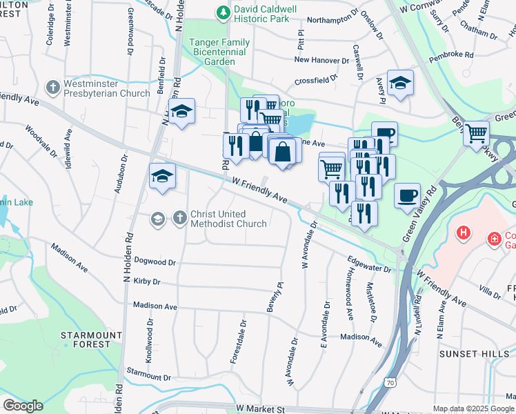 map of restaurants, bars, coffee shops, grocery stores, and more near 3305 Wedgewood Place in Greensboro