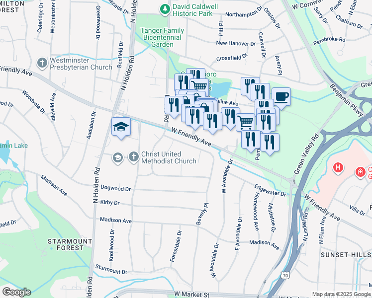 map of restaurants, bars, coffee shops, grocery stores, and more near 3307 Wedgewood Place in Greensboro