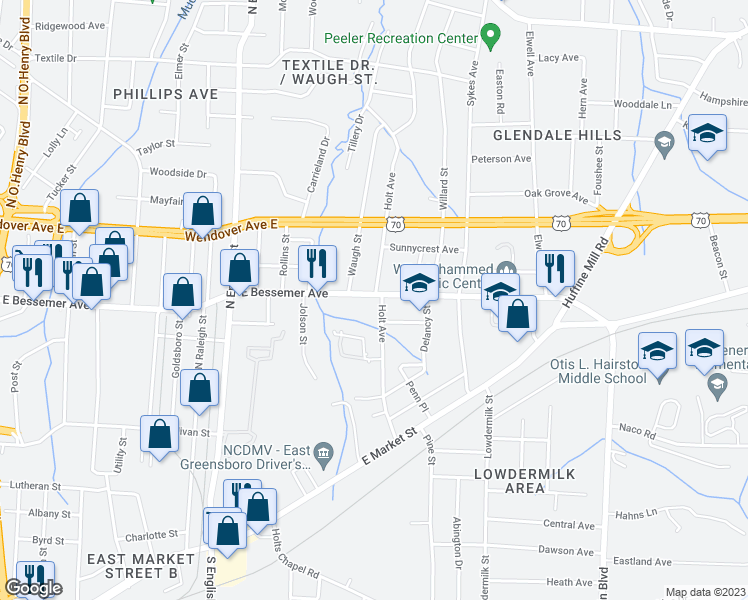map of restaurants, bars, coffee shops, grocery stores, and more near 2714 East Bessemer Avenue in Greensboro