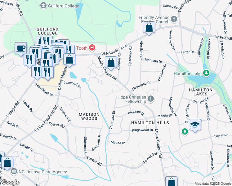map of restaurants, bars, coffee shops, grocery stores, and more near 4807 Hardindale Drive in Greensboro