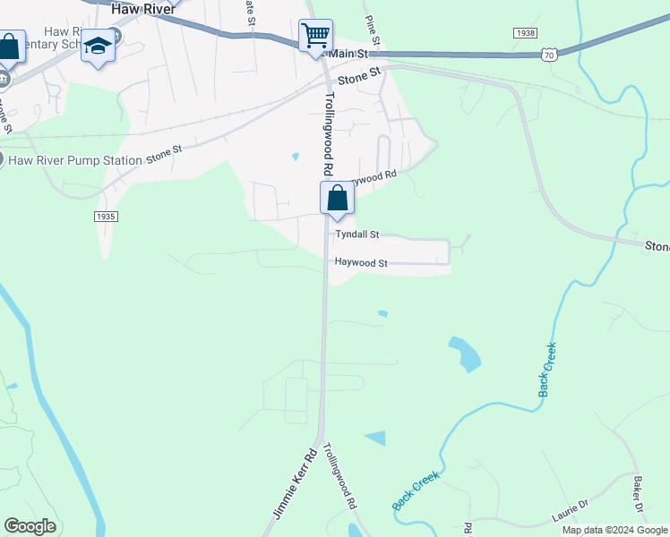 map of restaurants, bars, coffee shops, grocery stores, and more near 406 Trollingwood Road in Haw River