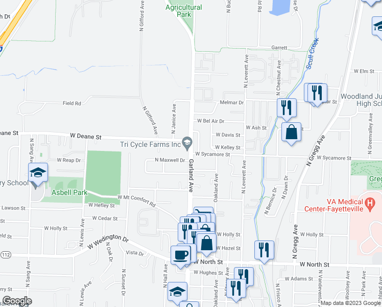 map of restaurants, bars, coffee shops, grocery stores, and more near Garland Avenue in Fayetteville