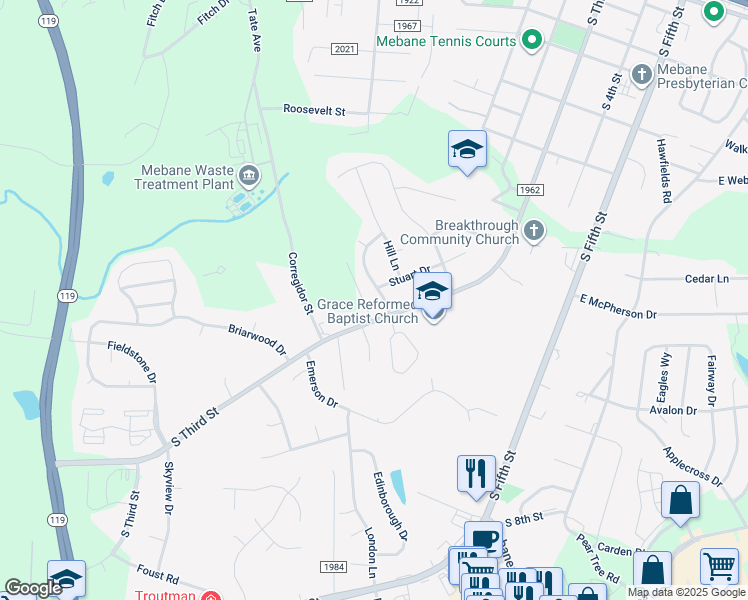 map of restaurants, bars, coffee shops, grocery stores, and more near 201 Pickett Ln in Mebane