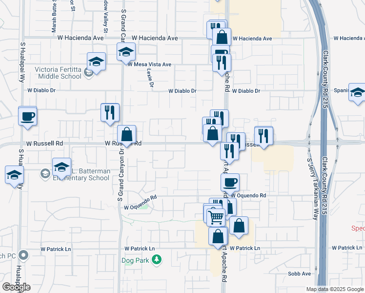 map of restaurants, bars, coffee shops, grocery stores, and more near 9620 West Russell Road in Las Vegas