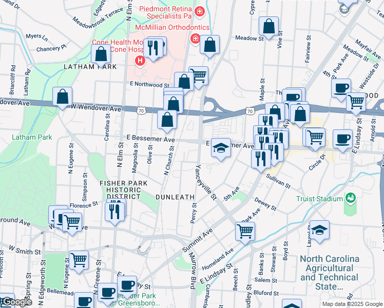 map of restaurants, bars, coffee shops, grocery stores, and more near in Greensboro