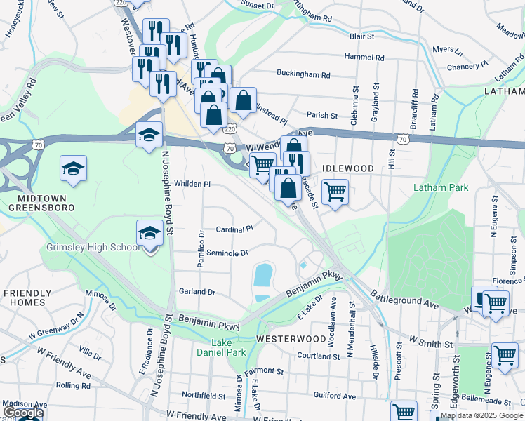 map of restaurants, bars, coffee shops, grocery stores, and more near 1305 Battleground Avenue in Greensboro
