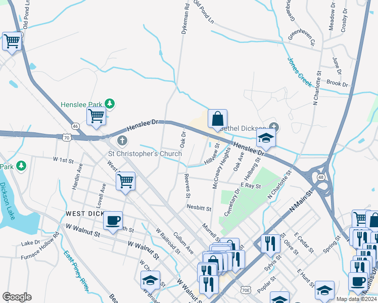 map of restaurants, bars, coffee shops, grocery stores, and more near 204 Oak Drive in Dickson