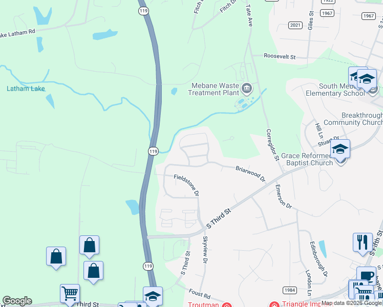 map of restaurants, bars, coffee shops, grocery stores, and more near 412 Tighfield Drive in Mebane