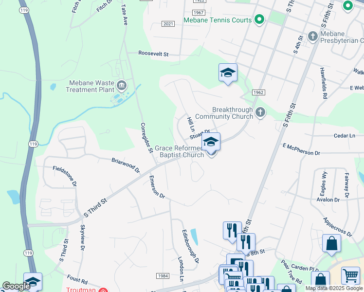map of restaurants, bars, coffee shops, grocery stores, and more near 201 Pickett Ln in Mebane