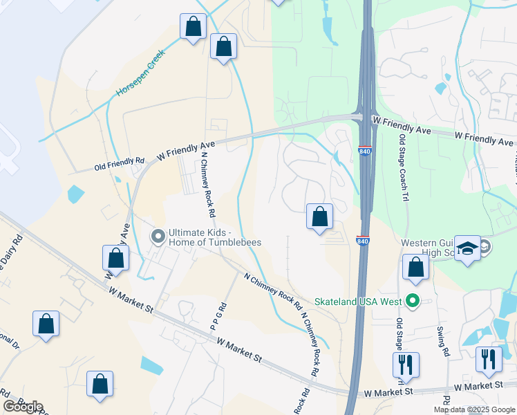 map of restaurants, bars, coffee shops, grocery stores, and more near 7151 West Friendly Avenue in Greensboro