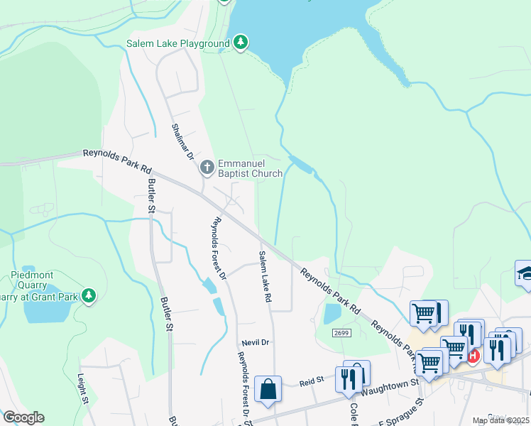 map of restaurants, bars, coffee shops, grocery stores, and more near 1177 Salem Lake Road in Winston-Salem