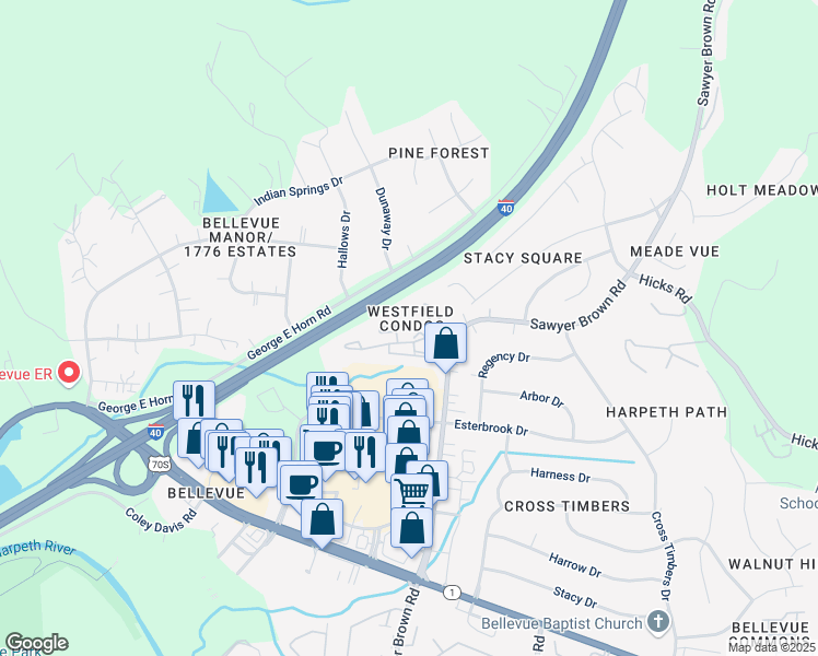 map of restaurants, bars, coffee shops, grocery stores, and more near 8075 Sawyer Brown Road in Nashville