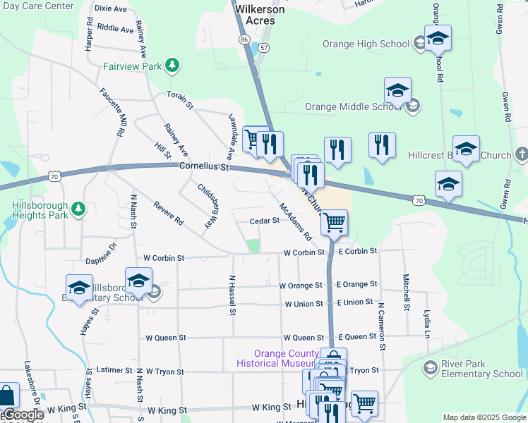 map of restaurants, bars, coffee shops, grocery stores, and more near 660 Oak Street in Hillsborough