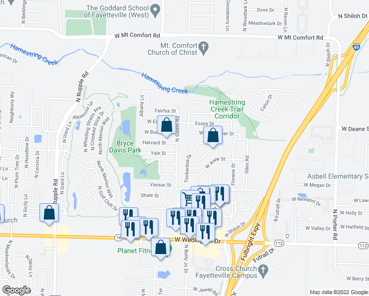 map of restaurants, bars, coffee shops, grocery stores, and more near 1665 Timberridge Court in Fayetteville