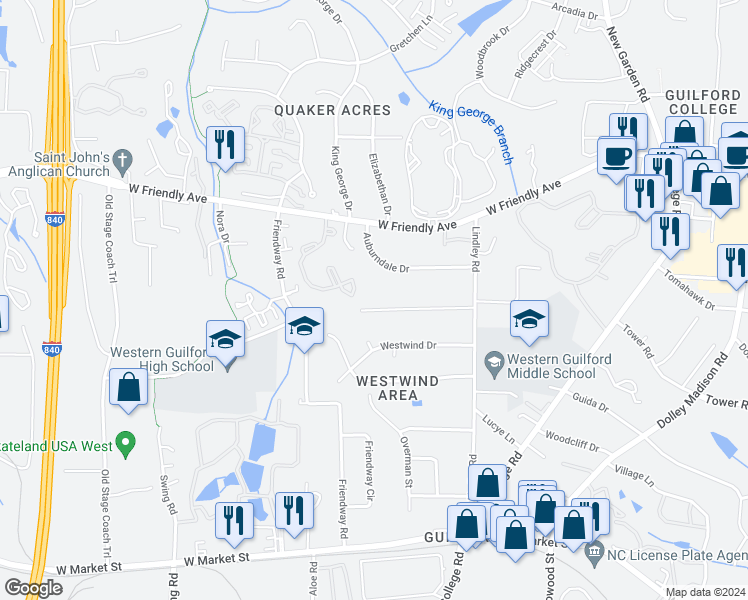map of restaurants, bars, coffee shops, grocery stores, and more near 6122 Sundown Drive in Greensboro