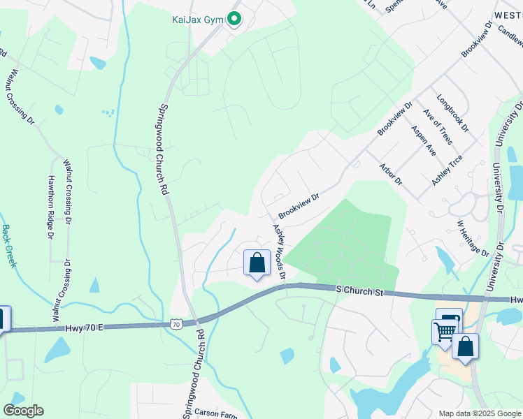 map of restaurants, bars, coffee shops, grocery stores, and more near 612 Ashley Woods Drive in Gibsonville