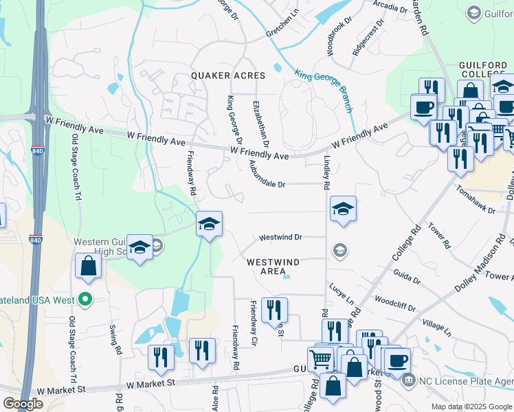 map of restaurants, bars, coffee shops, grocery stores, and more near 6122 Sundown Drive in Greensboro