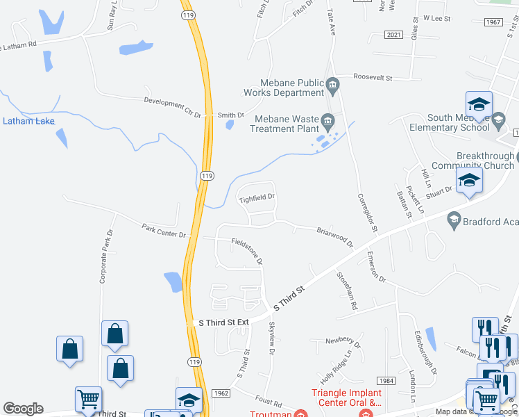 map of restaurants, bars, coffee shops, grocery stores, and more near 408 Sunland Drive in Mebane