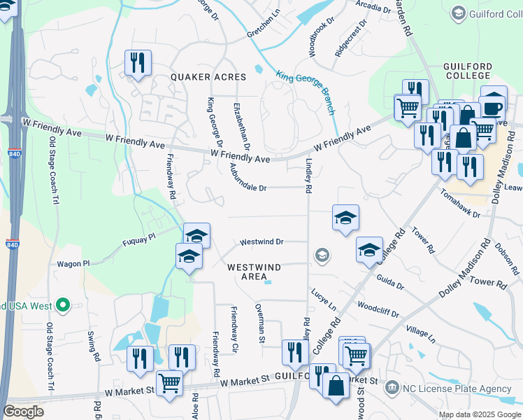 map of restaurants, bars, coffee shops, grocery stores, and more near 6114 Sundown Drive in Greensboro