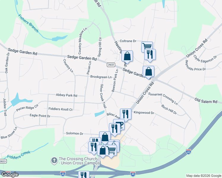 map of restaurants, bars, coffee shops, grocery stores, and more near 135 Drawbridge Court in Kernersville