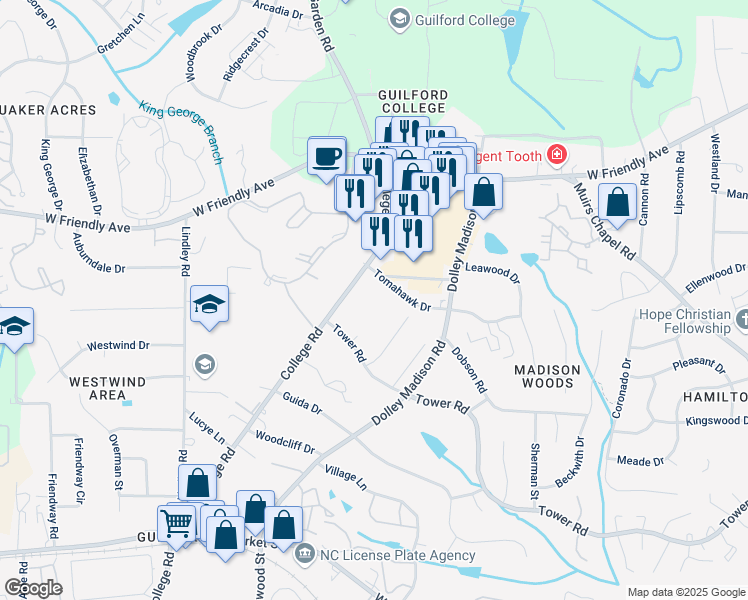 map of restaurants, bars, coffee shops, grocery stores, and more near 524 College Road in Greensboro