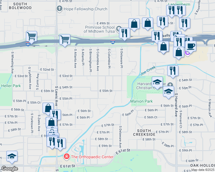 map of restaurants, bars, coffee shops, grocery stores, and more near 5317 South Columbia Place in Tulsa