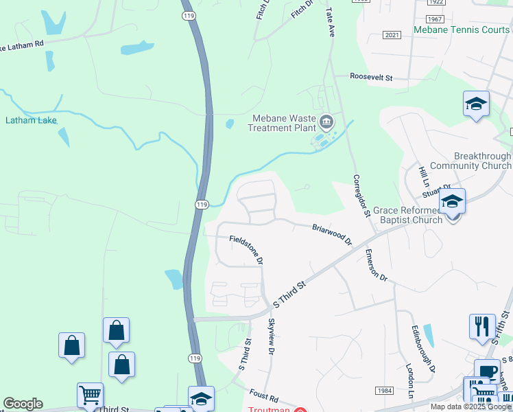 map of restaurants, bars, coffee shops, grocery stores, and more near 410 Sunland Drive in Mebane