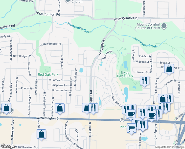 map of restaurants, bars, coffee shops, grocery stores, and more near 1678 North Izard Lane in Fayetteville