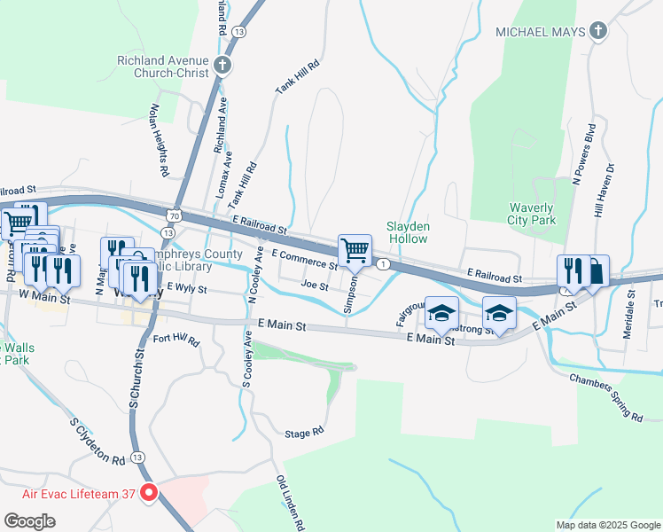 map of restaurants, bars, coffee shops, grocery stores, and more near 199 Slayden Street in Waverly