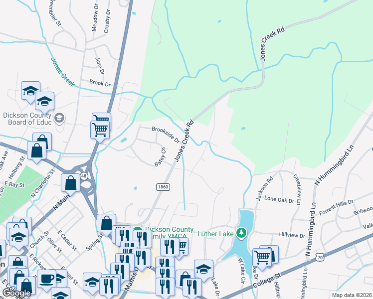map of restaurants, bars, coffee shops, grocery stores, and more near 700 Jones Creek Road in Dickson