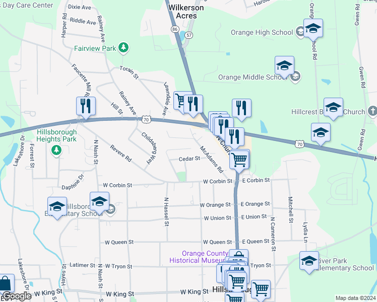 map of restaurants, bars, coffee shops, grocery stores, and more near 660 Oak Street in Hillsborough