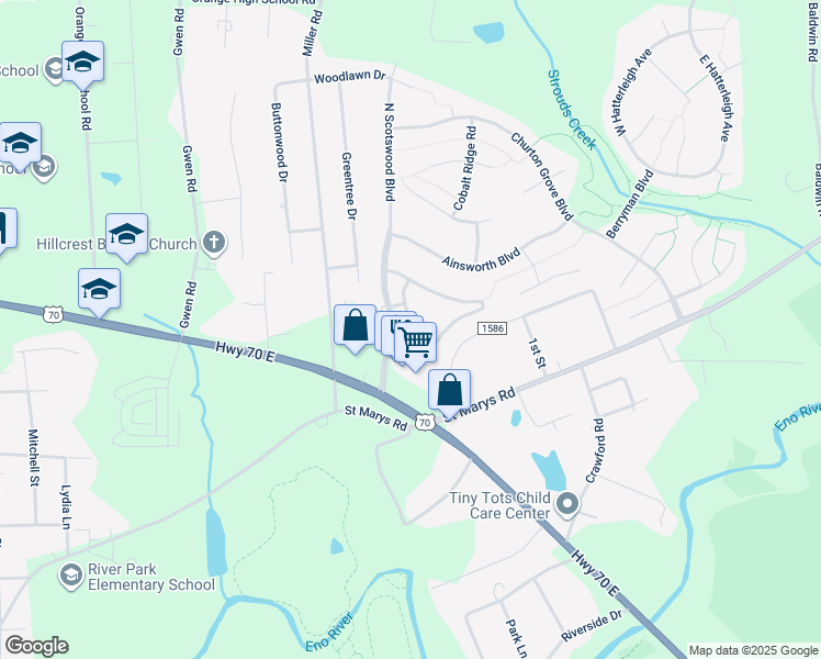 map of restaurants, bars, coffee shops, grocery stores, and more near 2802 Bartlett Circle in Hillsborough
