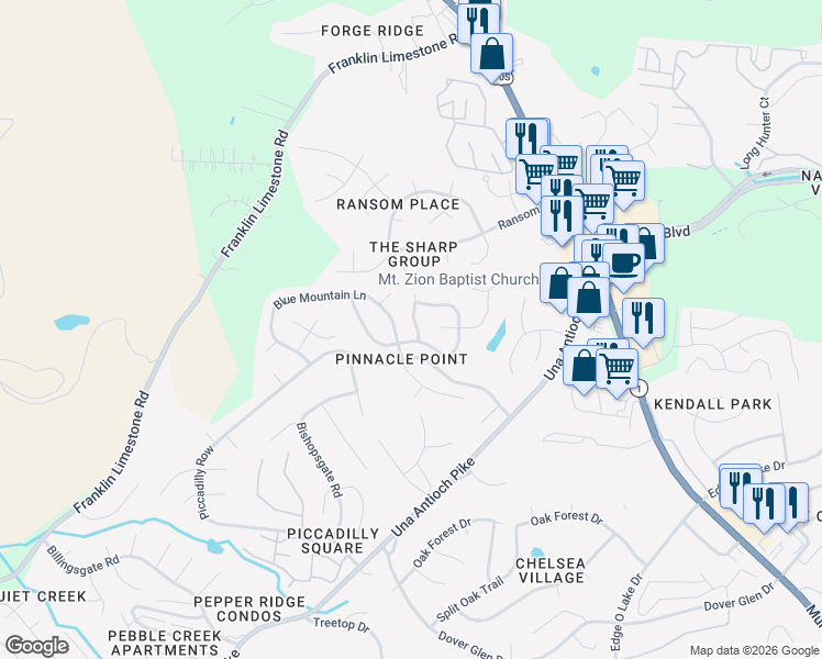 map of restaurants, bars, coffee shops, grocery stores, and more near 920 Blue Mountain Lane in Nashville