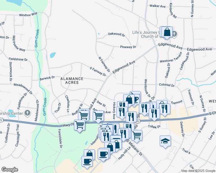 map of restaurants, bars, coffee shops, grocery stores, and more near 2520 Edgewood Avenue in Burlington