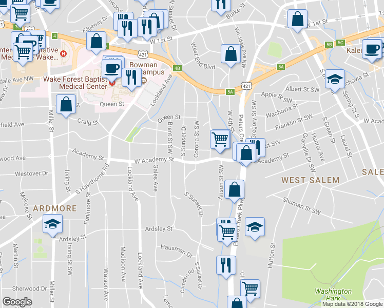 map of restaurants, bars, coffee shops, grocery stores, and more near 506 Corona Street in Winston-Salem