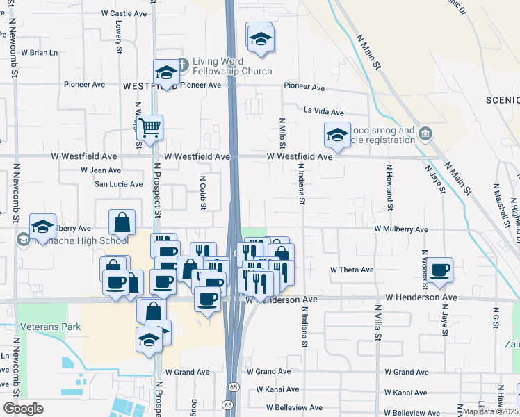 map of restaurants, bars, coffee shops, grocery stores, and more near 1045 North Wisconsin Way in Porterville
